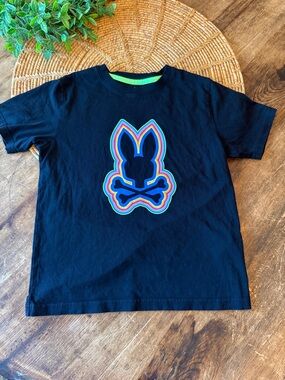 Psycho Bunny Graphic Black Tee with Neon Rainbow Bunny Crossbones